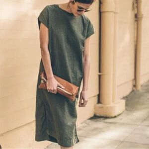 Taylor Stitch Loma Dress Organic Washed Linen Olive Green Size Small
